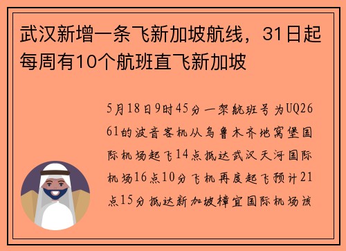 武汉新增一条飞新加坡航线，31日起每周有10个航班直飞新加坡