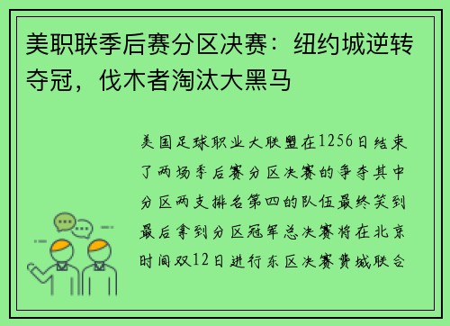美职联季后赛分区决赛：纽约城逆转夺冠，伐木者淘汰大黑马